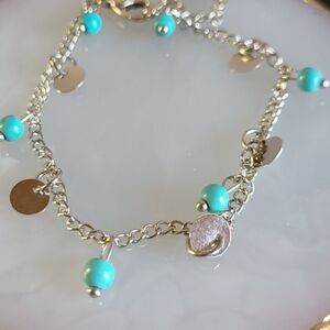 Boho Turquoise Bead Disc Charm Dangle Bracelet 6.5" Silver Tone Western Gypsy
